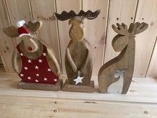 Set Of 3 Large Wooden Moose Christmas Ornaments Quality Item