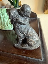 HEREDITIES style bronzed resin HEAVY FIGURE VINTAGE YOUNG girl AND HIS DOG 4.5"