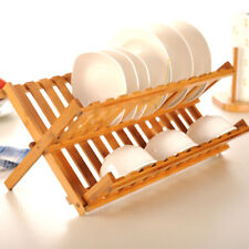 Folding Dish Drainer Wooden 2 Tier Dinner Plates Rack Stand Holder Kitchen Tidy