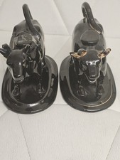 Antique Staffordshire BLK Jackfield Glaze Pottery Cow Creamer 2pcs