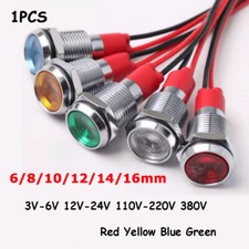 6/8/10/12/14/16mm LED Metal Waterproof Indicator Light 3-380V Signal Lamp w/Wire