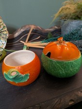 Vintage Crown Devon Orange Fruitware Sugar Bowl & Milk Jug 40s/50s Hand-Painted