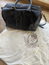 Ralph Lauren Medium Black Leather Bowling Bag Embossed Includes Dust Bag