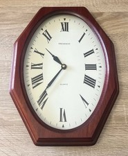 Vintage President Quartz Wall Clock Oval Face Octagonal Mahogany-Look Wood Frame