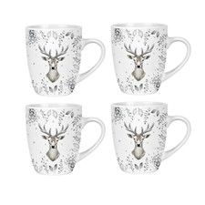 Set Of 4 White And Silver Christmas Mugs Stag Deer Foliage Print 350ML 
