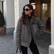 ZARA GREY FAUX LEATHER SHEARLING FUR DOUBLE-FACED BIKER JACKET AVIATOR COAT