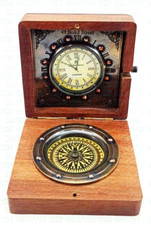 Vintage Maritime Nautical Brass Compass Clock Gift Gimbal Compass In Wooden Box