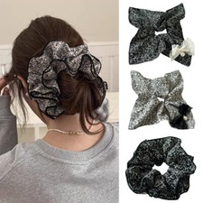 Women Square Floral Hair Scrunchies Lace Bowknot Pearl Large Intestine Hair Band