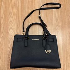 Michael Kors black leather top handle bag shoulder strap zip gold MK keyring