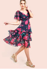 Goddiva size 18 Layered Pink Floral Midi With Flutter Sleeves Summer Weddings