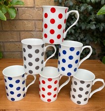 Set of 6 Polka Dot Grey Red & Blue Fine Bone China Mugs Tea Coffee Cups