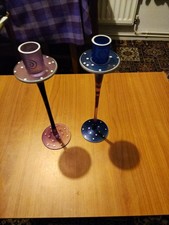 2 Tall 15cm Glass Candle Holders Thin Stems Purple & Blue Silver Pattern