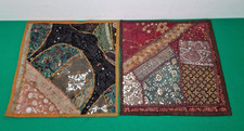 2 x Handmade Beaded Patchwork Ancient Wisdom 16" Cushion Covers Made in India