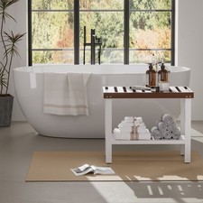 Shower Bench Waterproof Pine Wooden Chair Shower Stool with Shelf for Bathroom