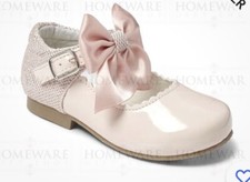 GIRLS  MARY JANE SHOES SATIN BOWS PINK PATENT OCCASION WEDDING KIDS UK 2