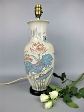 Japanese Table Lamp Light. Blue lilies & birds. Cream Oriental ceramic. 16"