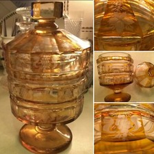 Antique 9” AMBER GLASS LIDDED POT EGERMANN MOSER STEP INTAGLIO CUT 2 CLEAR GRAPE