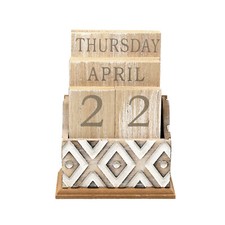 Wooden Block Perpetual Calendar Aztec Brown Symmetrical Desk Office Weight Decor