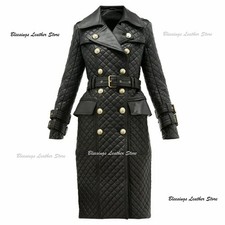 Women Leather Trench Coat Double Breasted Leather Dress Quilted Steam Punk Dress