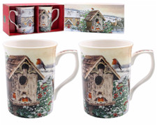 Leonardo Collection Set of 2 Christmas Winter Robins Birds China Mugs Gift Boxed