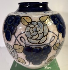Antique Royal Doulton Stoneware Blue Vase Grape & Flowers. 15cm. Fully Signed.