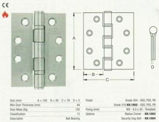 2 Pair Fire Rated 4" Ball Bearing Hinges (102mm) Satin Stainless Steel Grade 13