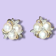 14k Gold & 925 Sterling Silver Freshwater Pearls & Tiny Diamonds Stud Earrings