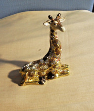 METAL ENAMEL HINGED TRINKET POT IN THE SHAPE OF A BEJEWELLED GIRAFFE - 3.5" HIGH