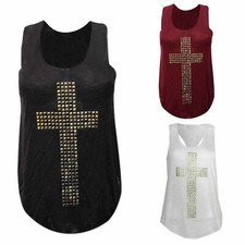 Ladies Vest Women STUDDED CROSS Gold Print tank Black Wine White Top 8 12 14 10