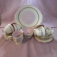 Pair of Vintage (1950s) 24ct Gold Gilded Queen Anne Cups, Saucers, Milk Jug etc