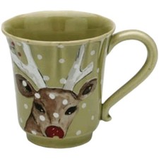 Casafina Deer Friends Mug Pair Red Nosed Reindeer Polka Dot Print Sage Green 