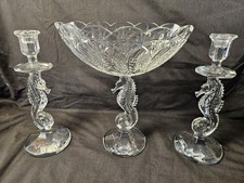 WATERFORD CRYSTAL SEAHORSE PEDESTAL BOWL 40018941  & 2 CANDLESTICKS 158572 EXCEL