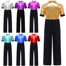 UK Kids Boys Shiny Metallic Sequins Jumpsuits Jazz Dance Disco Costume Dancewear