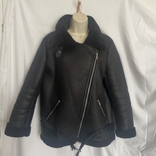 ZARA Size L Large Black Faux Leather Shearling Fur Biker Jacket Aviator Coat
