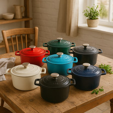 2pc Round Cast Iron Casserole Dish Set with Self-Basting Lid Hob Safe Non-Stick