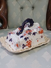 Avon Antique Ceramic Cheese Dish with Lid Flowers And Gilt Decorations Damaged.