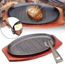 Large Cast Iron Steak Sizzling Serving Platter Plate Dish Wooden Base Tableware