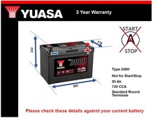 Car Battery YBX3335 Yuasa 249H 720A 95Ah 3Yr Warranty 303x174x222 SMF