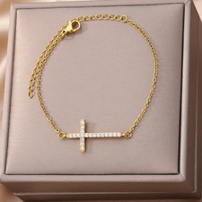 Crystal Cross Bracelet Gold Tone Stainless Steel Religious Jewelry Gift