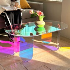 38" Long Oval All Acrylic Coffee Table Clear Colorful Lucite End Table Apartment