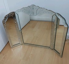 Venetian Style Tri-Fold Ornate Frame Etched & Beveled Glass Dresser Mirror