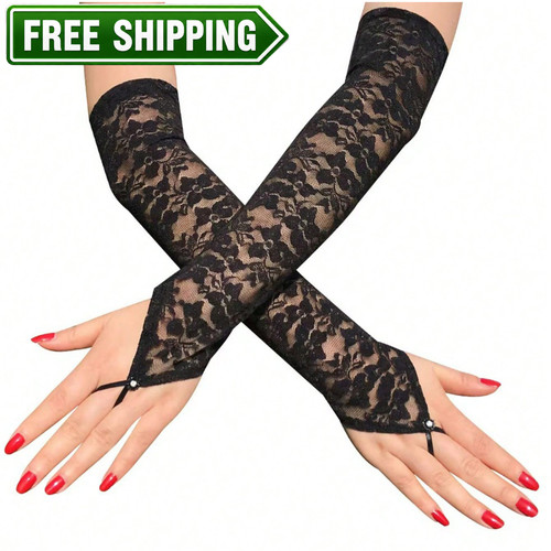 Black lace fingerless - black, gloves
