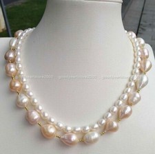 19" Double Strands South Sea Genuine White Pink Drop Pearl Necklace 14k Gold P