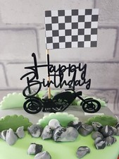Black Acrylic Happy Birthday Motorbike Cake Topper, including flag