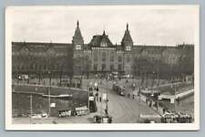 Centraal Railroad Station AMSTERDAM Vintage Trolley Train Dutch RPPC Photo ~50s