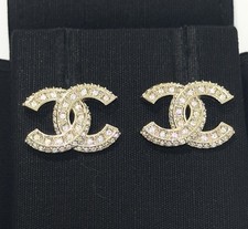Chanel REV Gold Crystal CC Logo Classic Statement Small Stud Earrings
