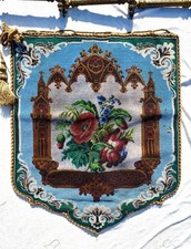 Beautiful Antique Embroidered Glass Beadwork Fire Screen Panel & Ornate Clamp(5)