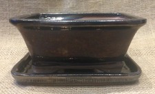 16cm Silver Glazed Rectangular Shaped Bonsai Pot With Matching Drip Tray