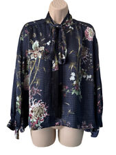 ZARA blue floral print sating pussybow tie blouse top size XS 6 - 8 