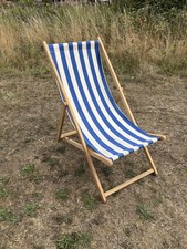 Traditional Folding Deck Chair Wooden Frame Retro Garden Patio Seat Blue White